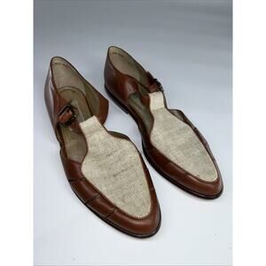 Vintage Nordstrom Brown T Strap Flat Leather Canvas Shoes SZ 10.5 N